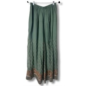 Women’s Embroidered Embellished Wide Leg Pants Sage Green Boho – Sz. L